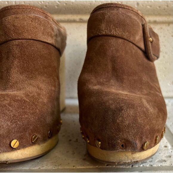 Veronica Beard Dacey Heeled Slip On Clogs Brown Suede Clogs Gold Accents Sz 11 - Picture 5 of 15